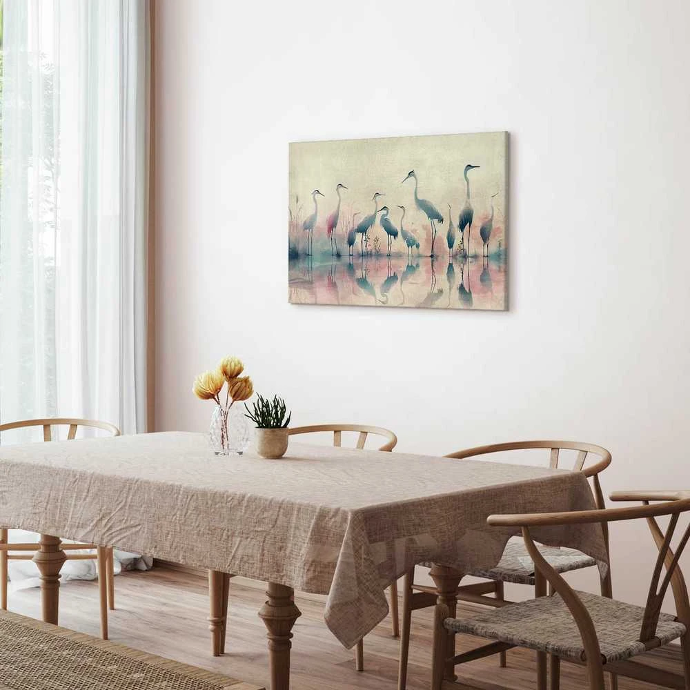 Artgeist Paveikslas - Birds by the lake - herons painted in watercolour in delicate pilkas and pink colours