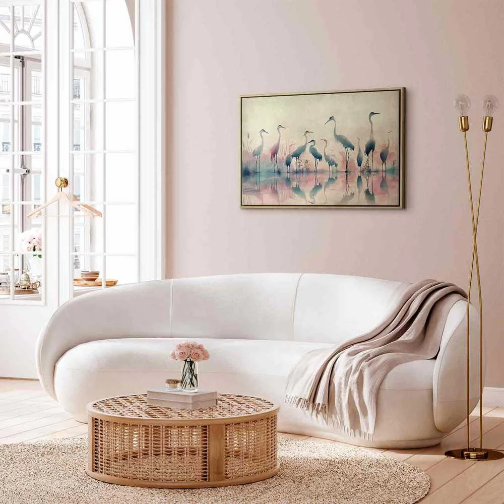 Artgeist Paveikslas - Birds by the lake - herons painted in watercolour in delicate pilkas and pink colours