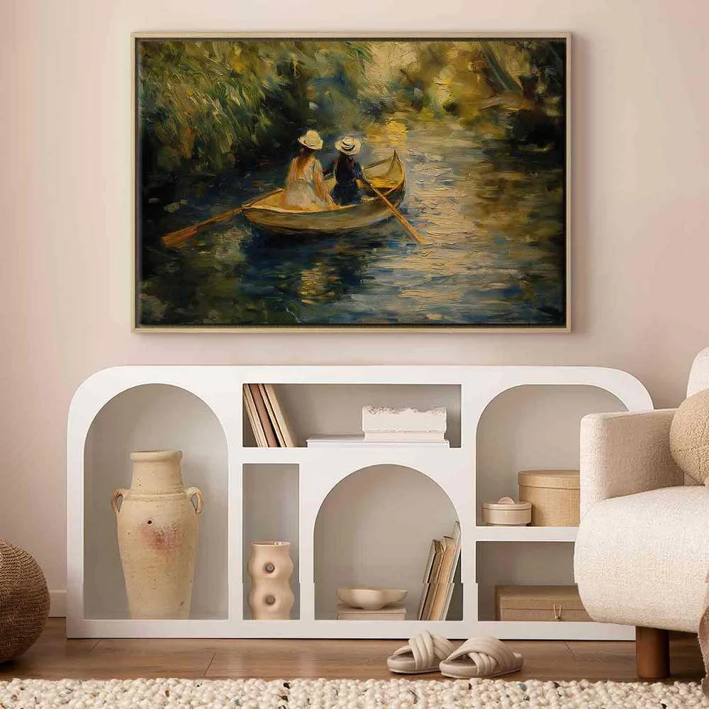 Artgeist Paveikslas - Boat crossing - painting of two women sailing a boat on a river