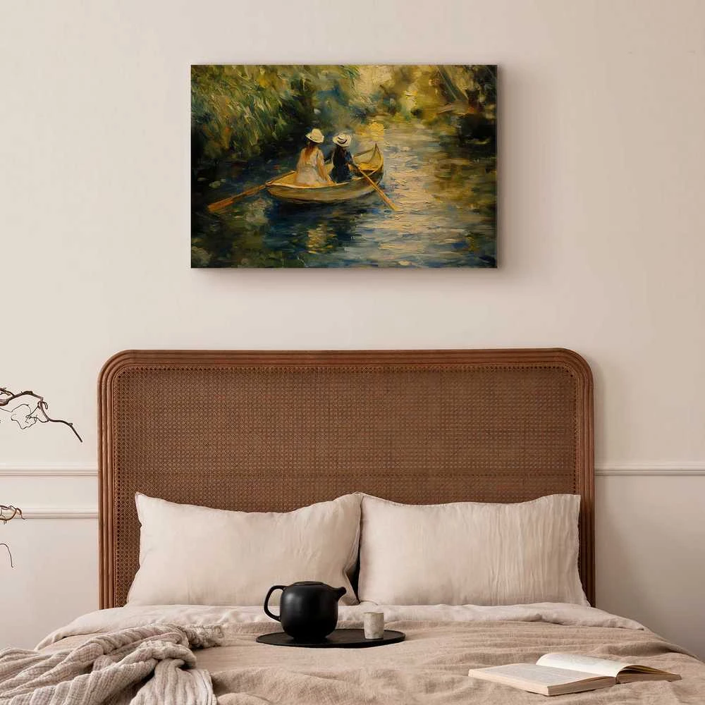 Artgeist Paveikslas - Boat crossing - painting of two women sailing a boat on a river