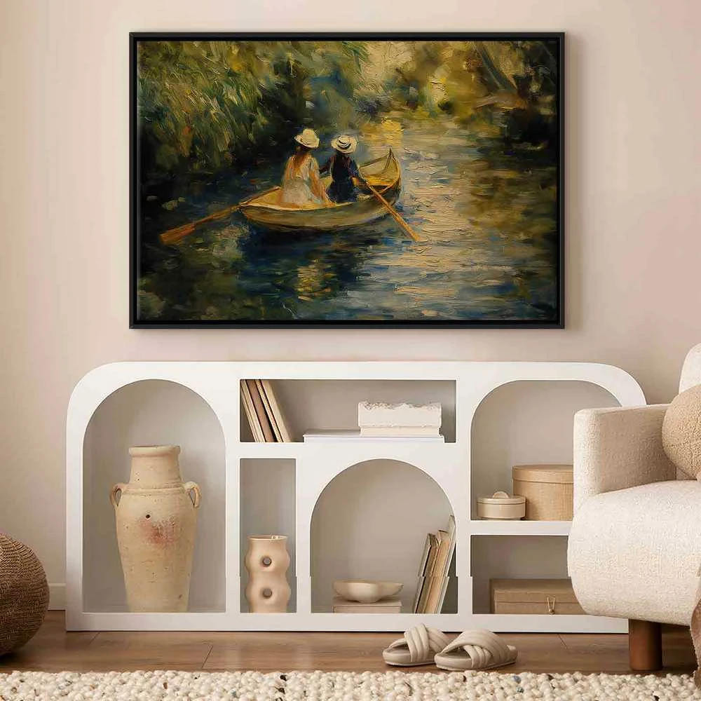 Artgeist Paveikslas - Boat crossing - painting of two women sailing a boat on a river