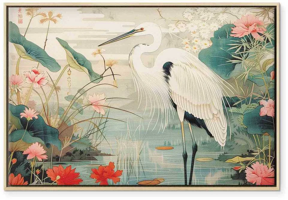 Artgeist Paveikslas - By an Asian pond - an illustration in the style of a Japanese engraving, depicting a heron