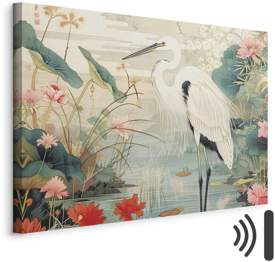 Artgeist Paveikslas - By an Asian pond - an illustration in the style of a Japanese engraving, depicting a heron