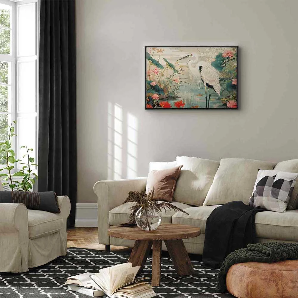 Artgeist Paveikslas - By an Asian pond - an illustration in the style of a Japanese engraving, depicting a heron