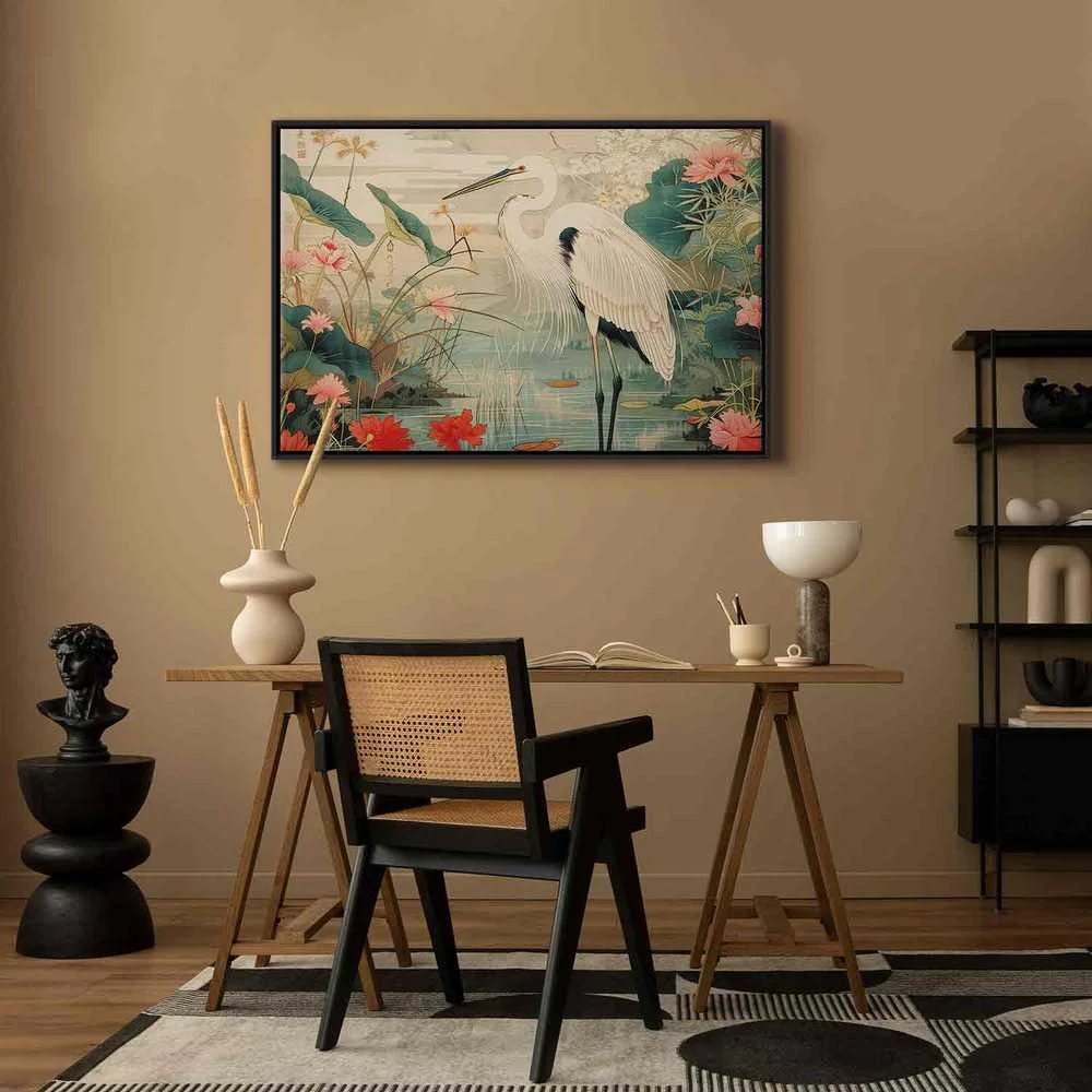 Artgeist Paveikslas - By an Asian pond - an illustration in the style of a Japanese engraving, depicting a heron
