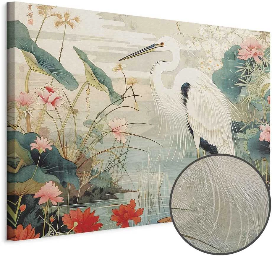 Artgeist Paveikslas - By an Asian pond - an illustration in the style of a Japanese engraving, depicting a heron