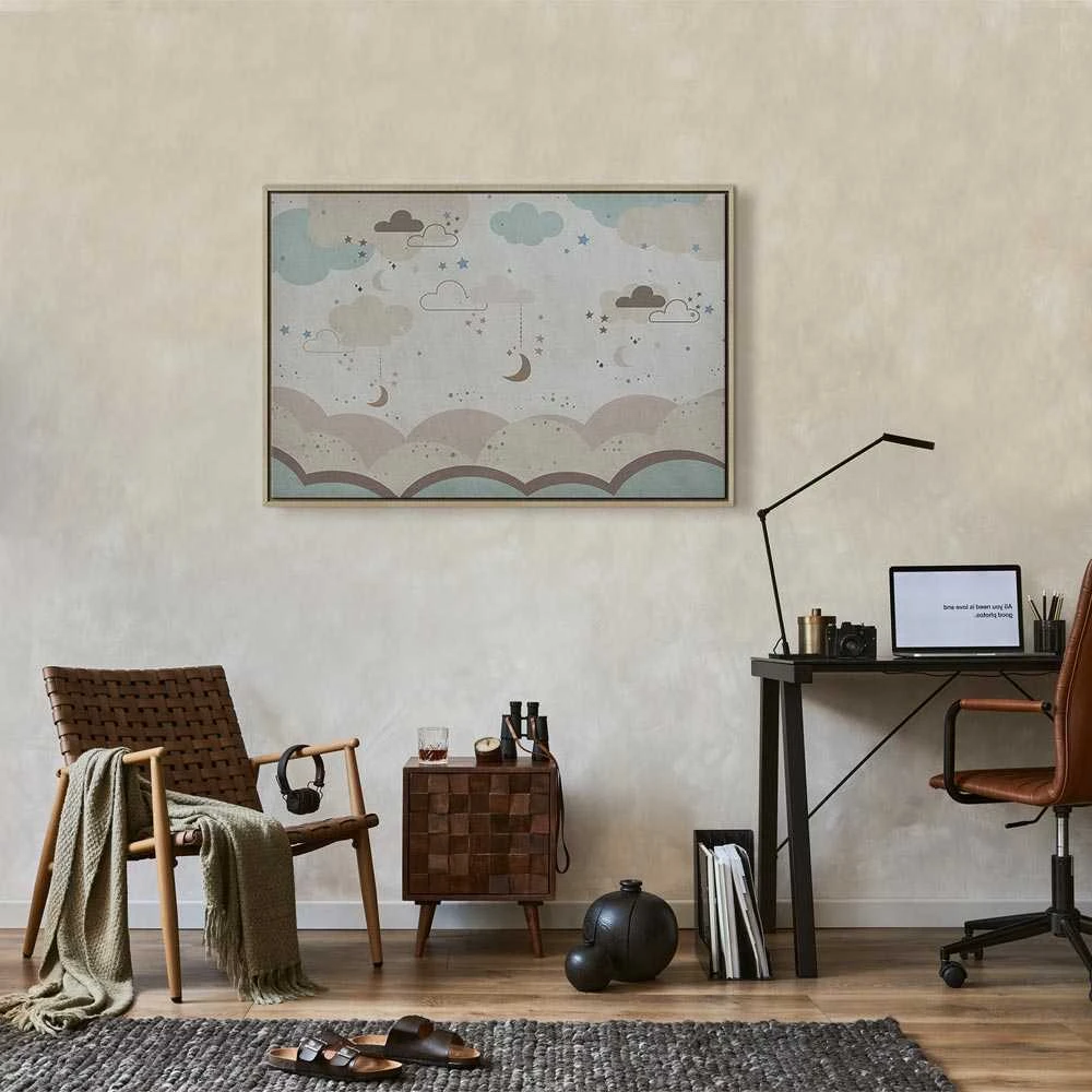 Artgeist Paveikslas - Cloudy Night Sky - Moons in Brown and rusvai gelsvas Hues Among Clouds and Numerous Little Stars on a Light Background