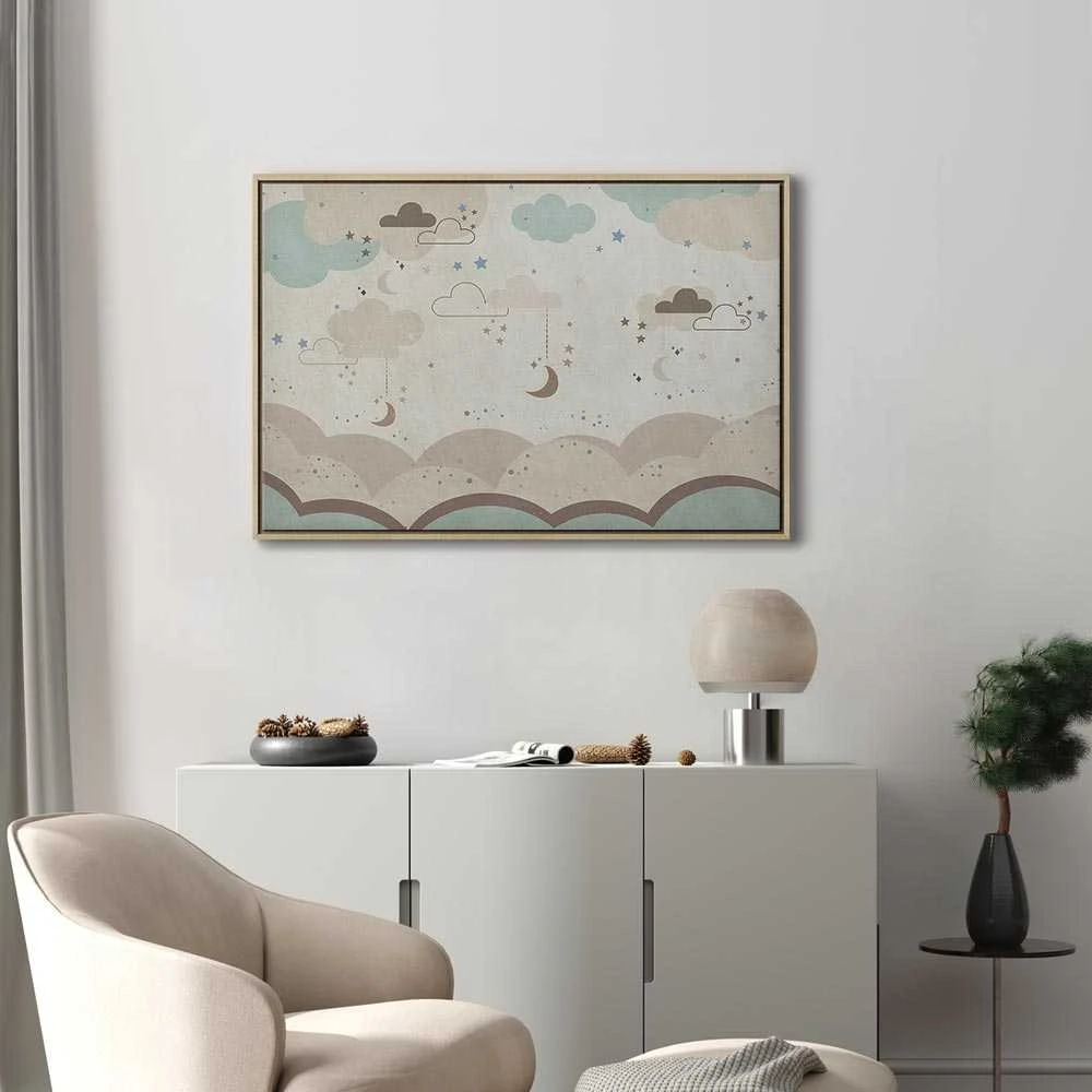 Artgeist Paveikslas - Cloudy Night Sky - Moons in Brown and rusvai gelsvas Hues Among Clouds and Numerous Little Stars on a Light Background