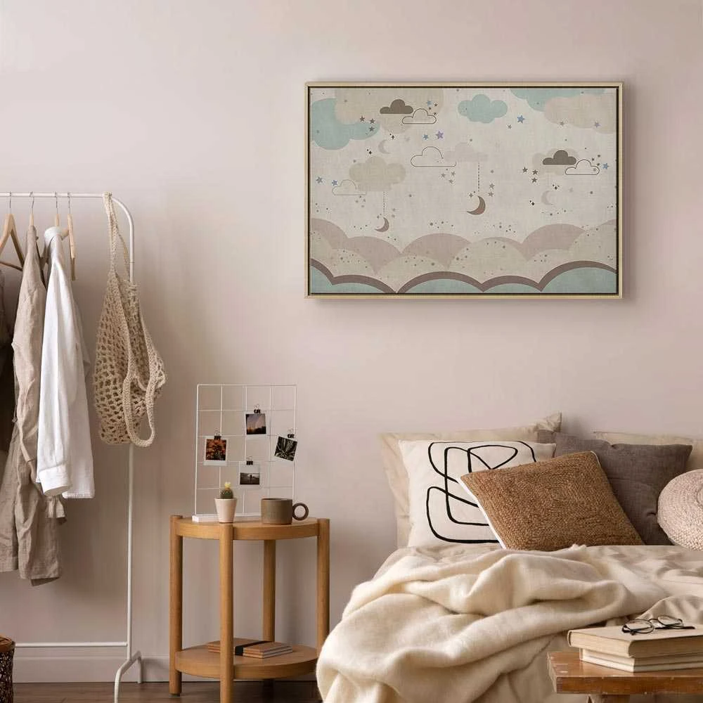 Artgeist Paveikslas - Cloudy Night Sky - Moons in Brown and rusvai gelsvas Hues Among Clouds and Numerous Little Stars on a Light Background