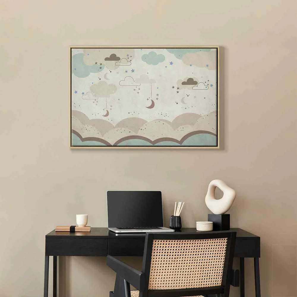 Artgeist Paveikslas - Cloudy Night Sky - Moons in Brown and rusvai gelsvas Hues Among Clouds and Numerous Little Stars on a Light Background