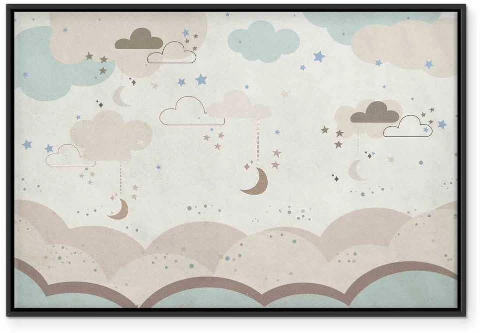 Artgeist Paveikslas - Cloudy Night Sky - Moons in Brown and rusvai gelsvas Hues Among Clouds and Numerous Little Stars on a Light Background