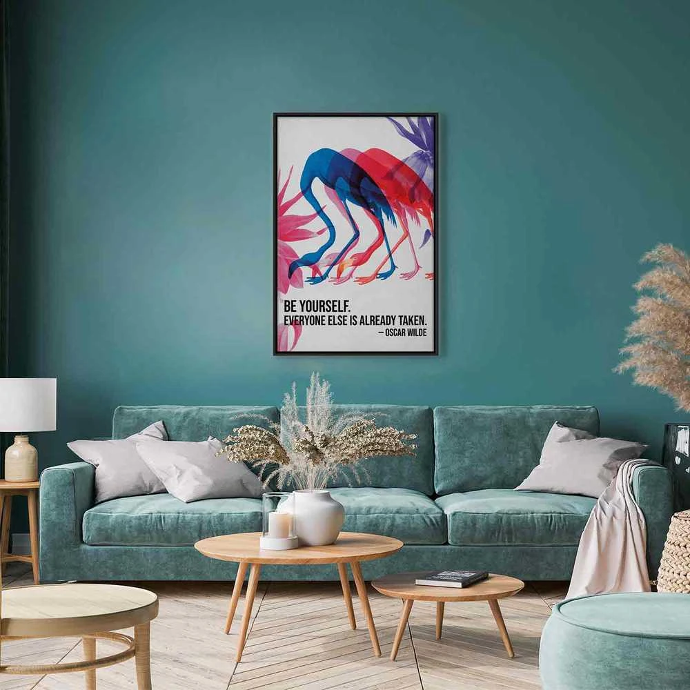 Artgeist Paveikslas - Colorful Flamingos - Inspirational Quote with Colorful Bird Silhouettes