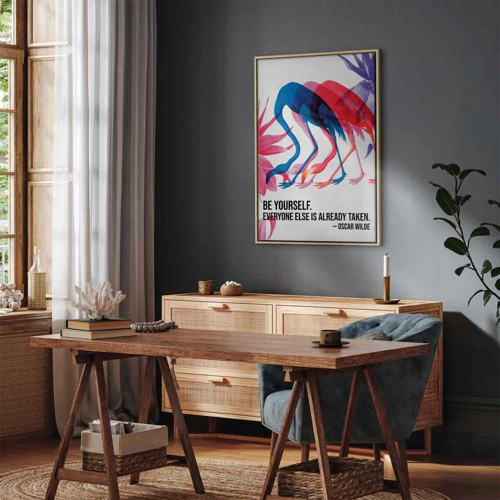Artgeist Paveikslas - Colorful Flamingos - Inspirational Quote with Colorful Bird Silhouettes