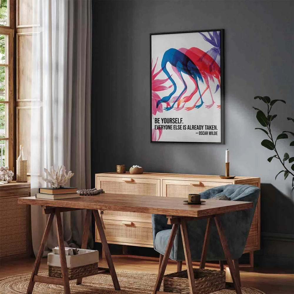 Artgeist Paveikslas - Colorful Flamingos - Inspirational Quote with Colorful Bird Silhouettes
