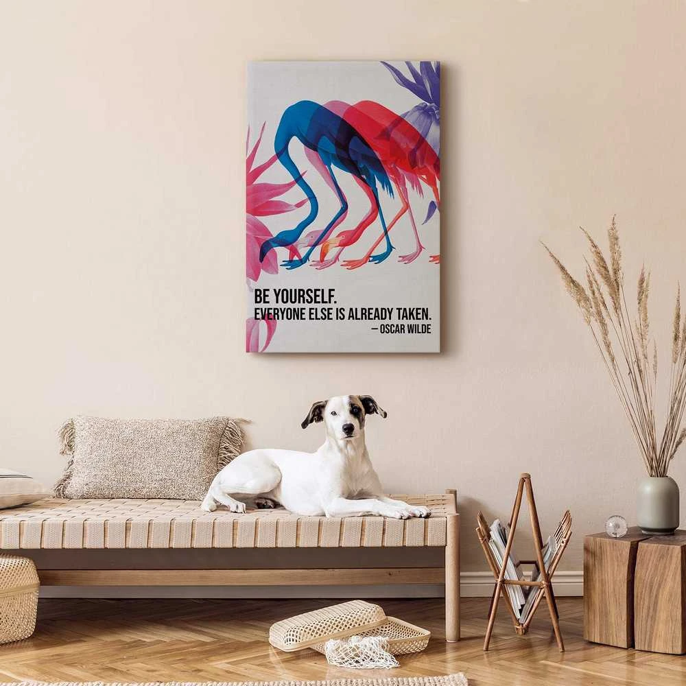 Artgeist Paveikslas - Colorful Flamingos - Inspirational Quote with Colorful Bird Silhouettes