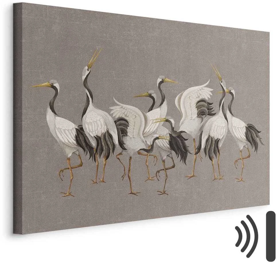 Artgeist Paveikslas - Crane dance – bright silhouettes of birds against a warm pilkas background with texture
