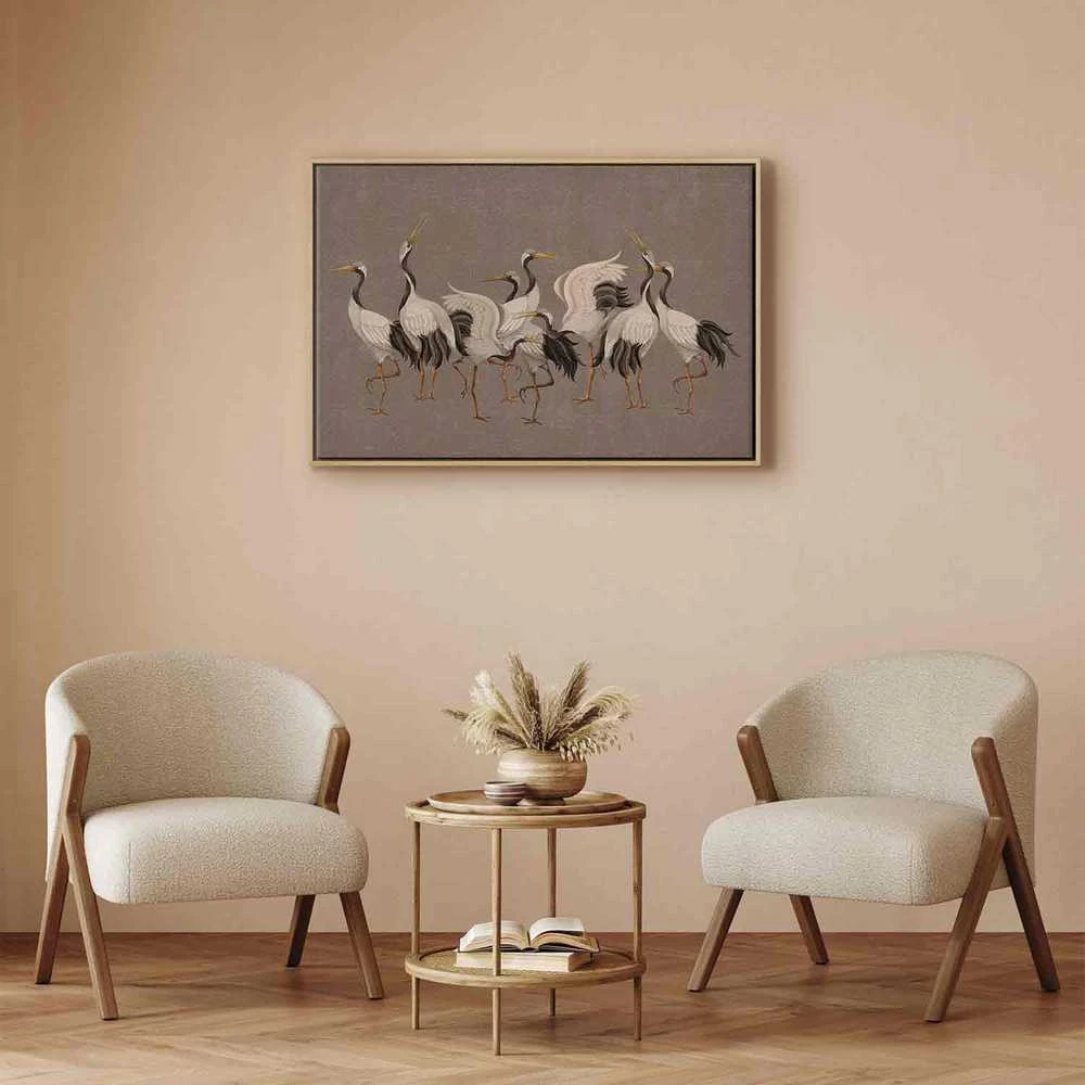 Artgeist Paveikslas - Crane dance – bright silhouettes of birds against a warm pilkas background with texture