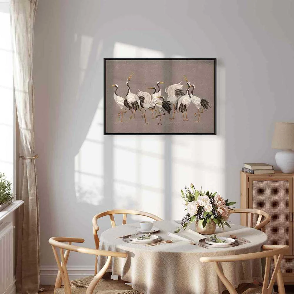 Artgeist Paveikslas - Crane dance – bright silhouettes of birds against a warm pilkas background with texture