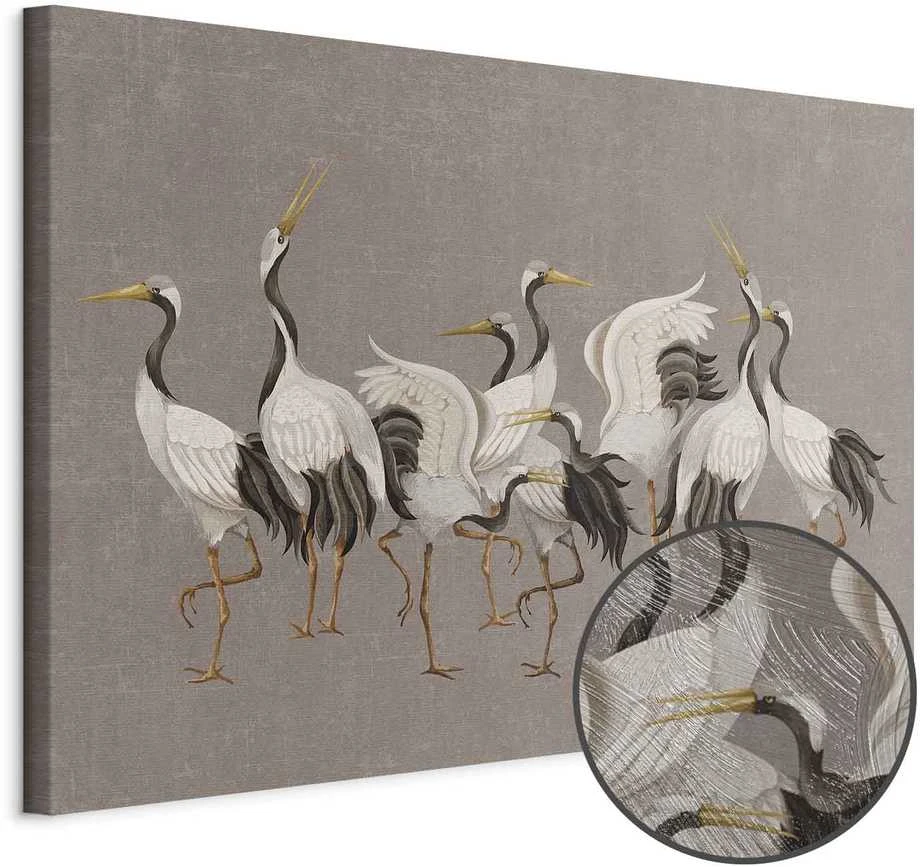 Artgeist Paveikslas - Crane dance – bright silhouettes of birds against a warm pilkas background with texture
