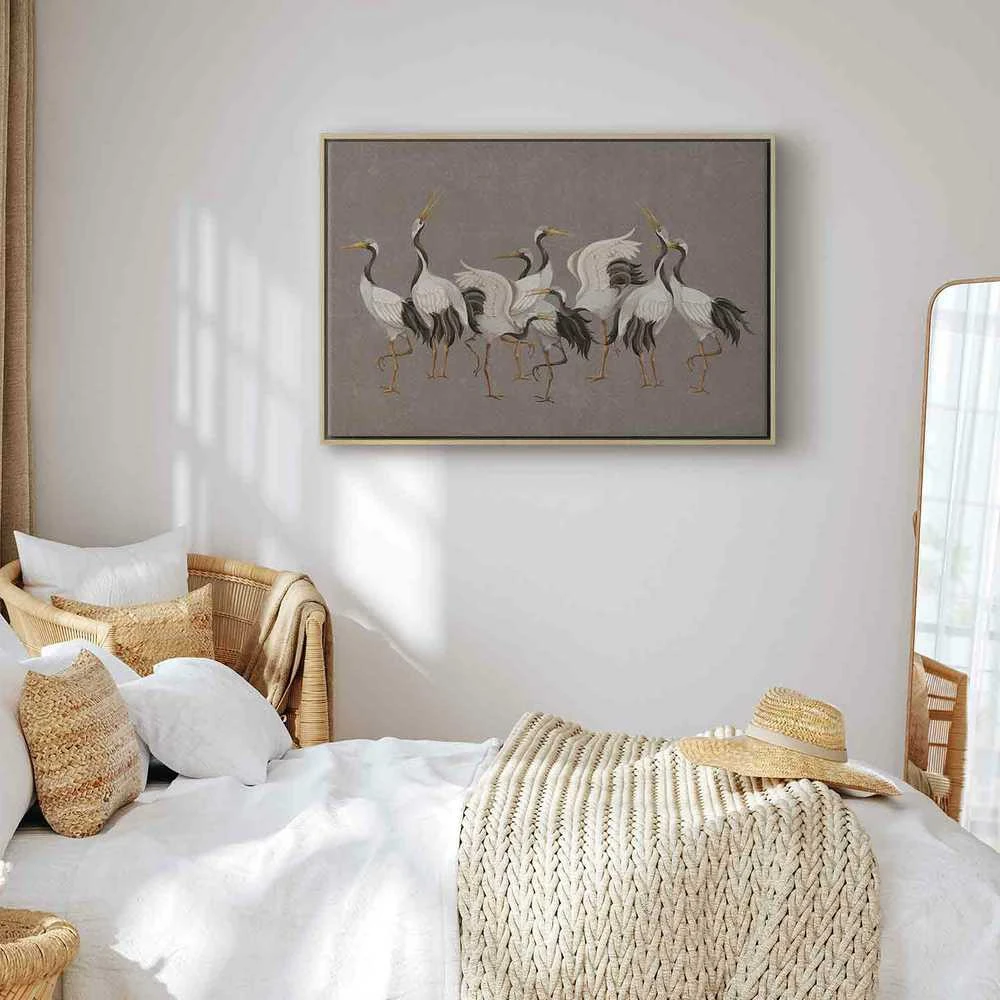 Artgeist Paveikslas - Crane dance – bright silhouettes of birds against a warm pilkas background with texture
