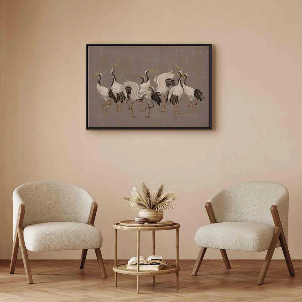 Artgeist Paveikslas - Crane dance – bright silhouettes of birds against a warm pilkas background with texture