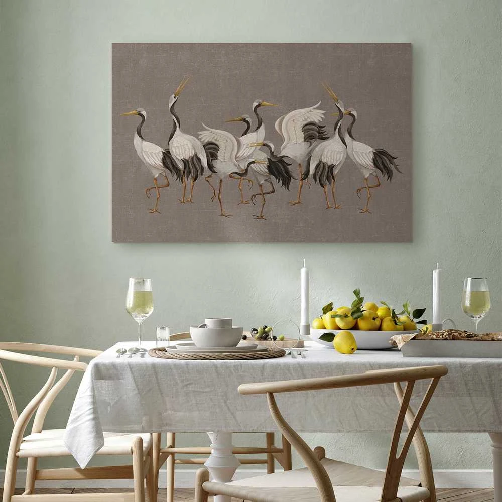 Artgeist Paveikslas - Crane dance – bright silhouettes of birds against a warm pilkas background with texture