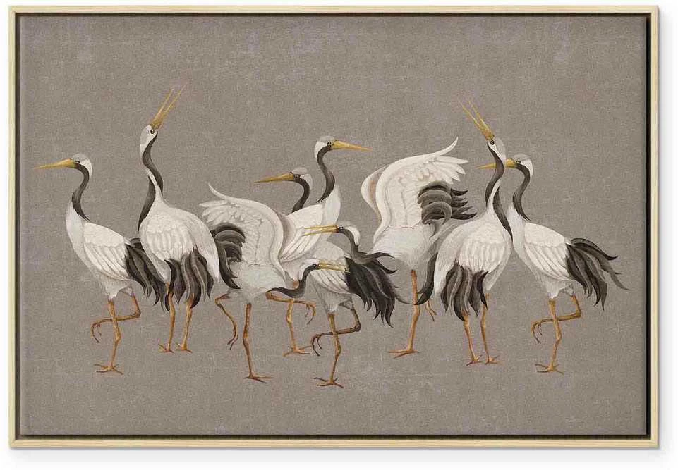 Artgeist Paveikslas - Crane dance – bright silhouettes of birds against a warm pilkas background with texture