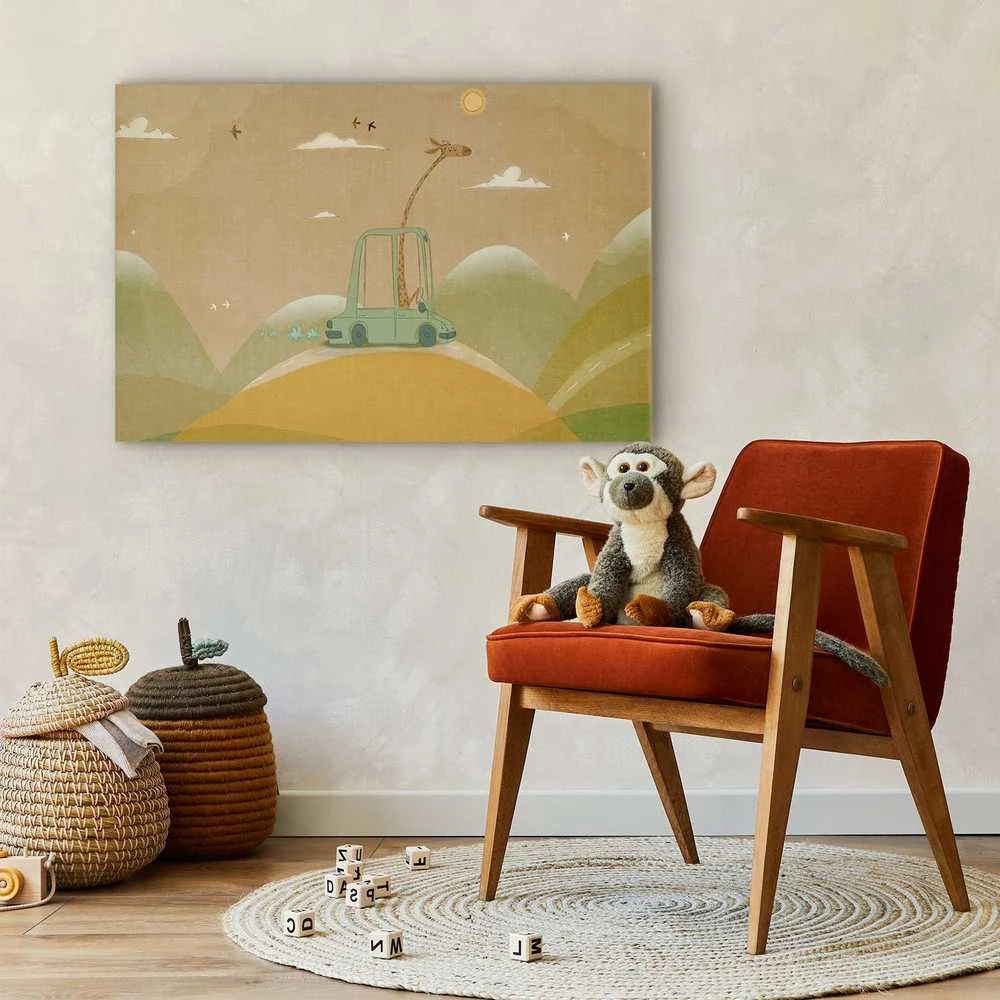 Artgeist Paveikslas - Dreamy Traveler - A Cheerful Giraffe Driving a Car on a Sunny Day