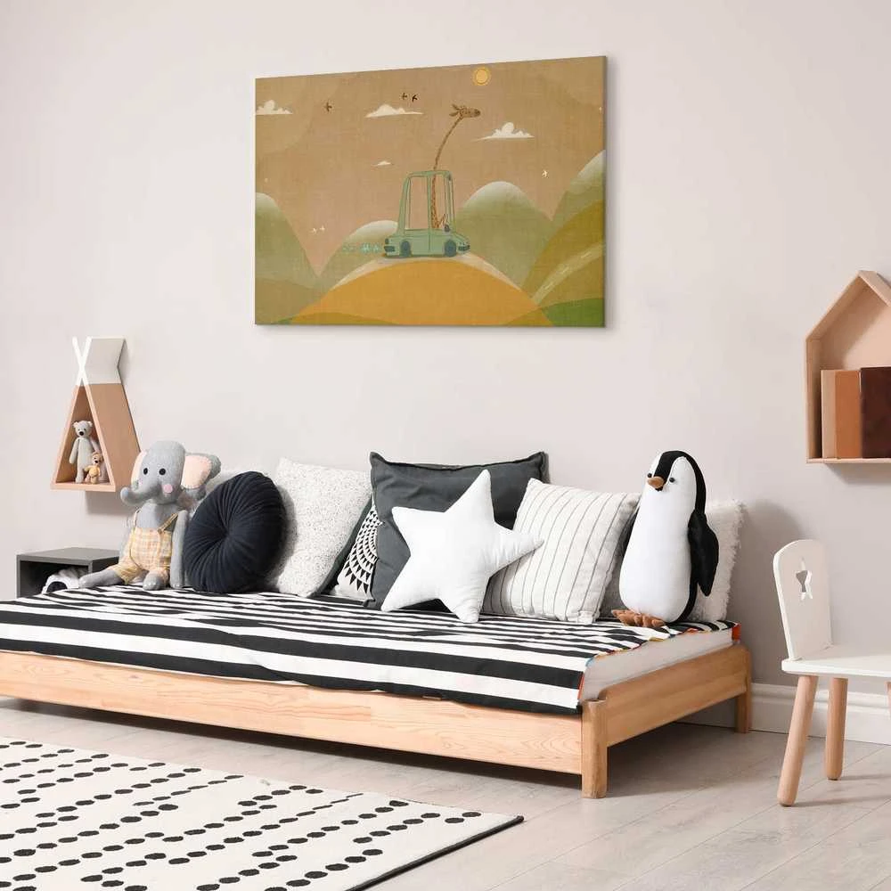 Artgeist Paveikslas - Dreamy Traveler - A Cheerful Giraffe Driving a Car on a Sunny Day