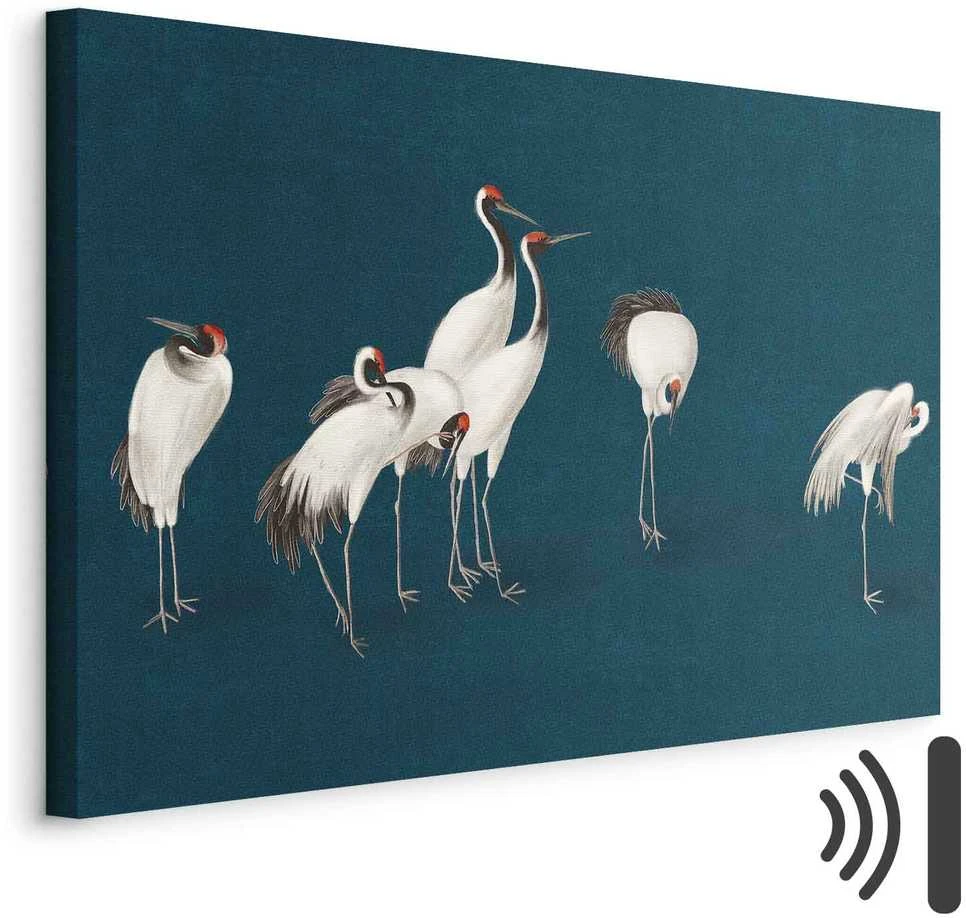 Artgeist Paveikslas - Evening by the pond - a group of cranes drawn in dry pastel on a dark turquoise background