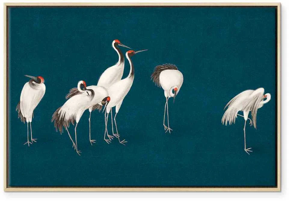 Artgeist Paveikslas - Evening by the pond - a group of cranes drawn in dry pastel on a dark turquoise background