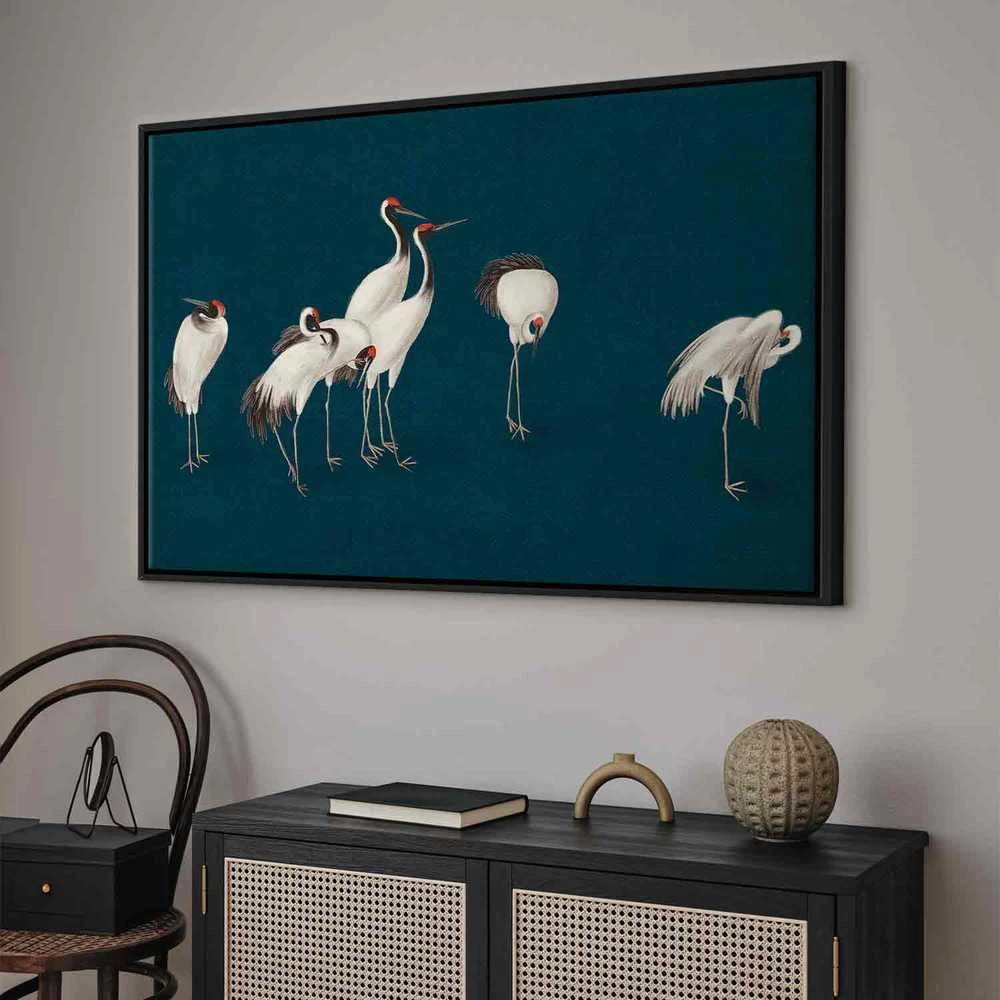 Artgeist Paveikslas - Evening by the pond - a group of cranes drawn in dry pastel on a dark turquoise background