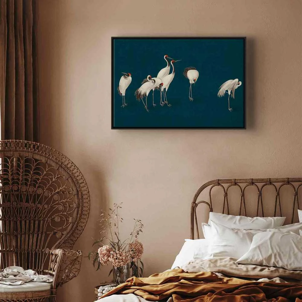 Artgeist Paveikslas - Evening by the pond - a group of cranes drawn in dry pastel on a dark turquoise background