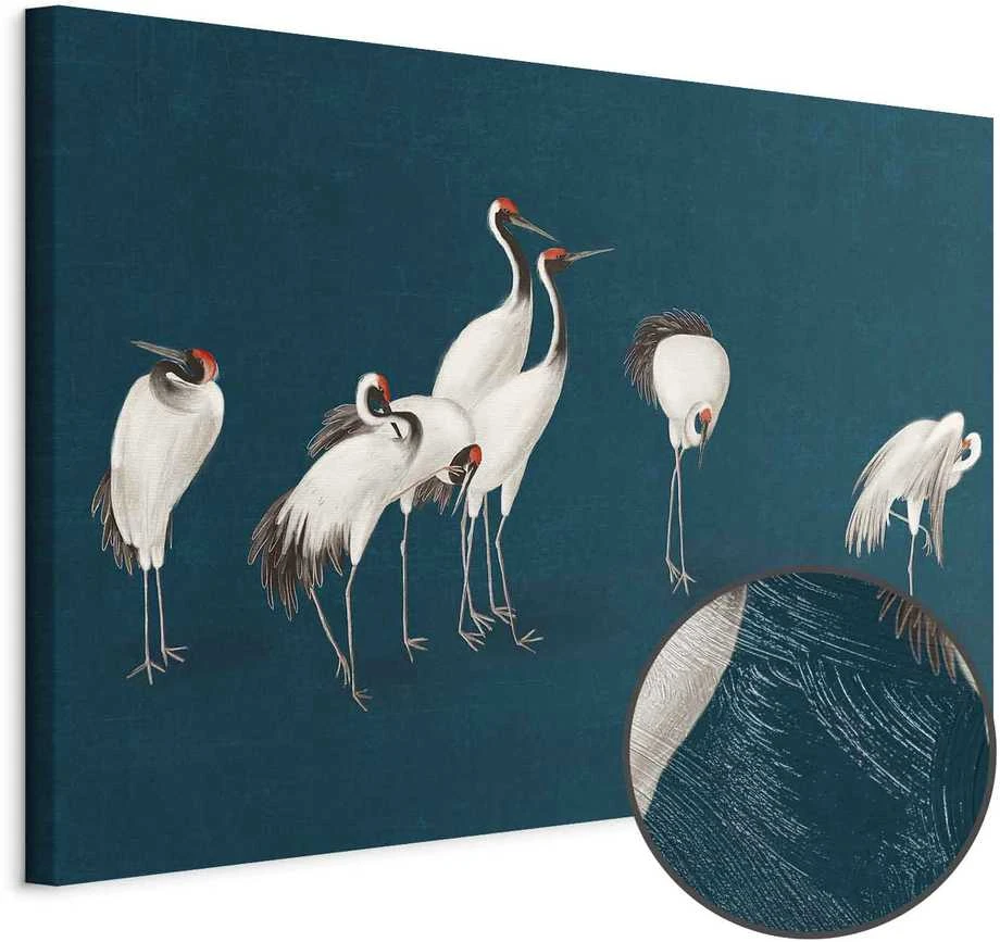 Artgeist Paveikslas - Evening by the pond - a group of cranes drawn in dry pastel on a dark turquoise background