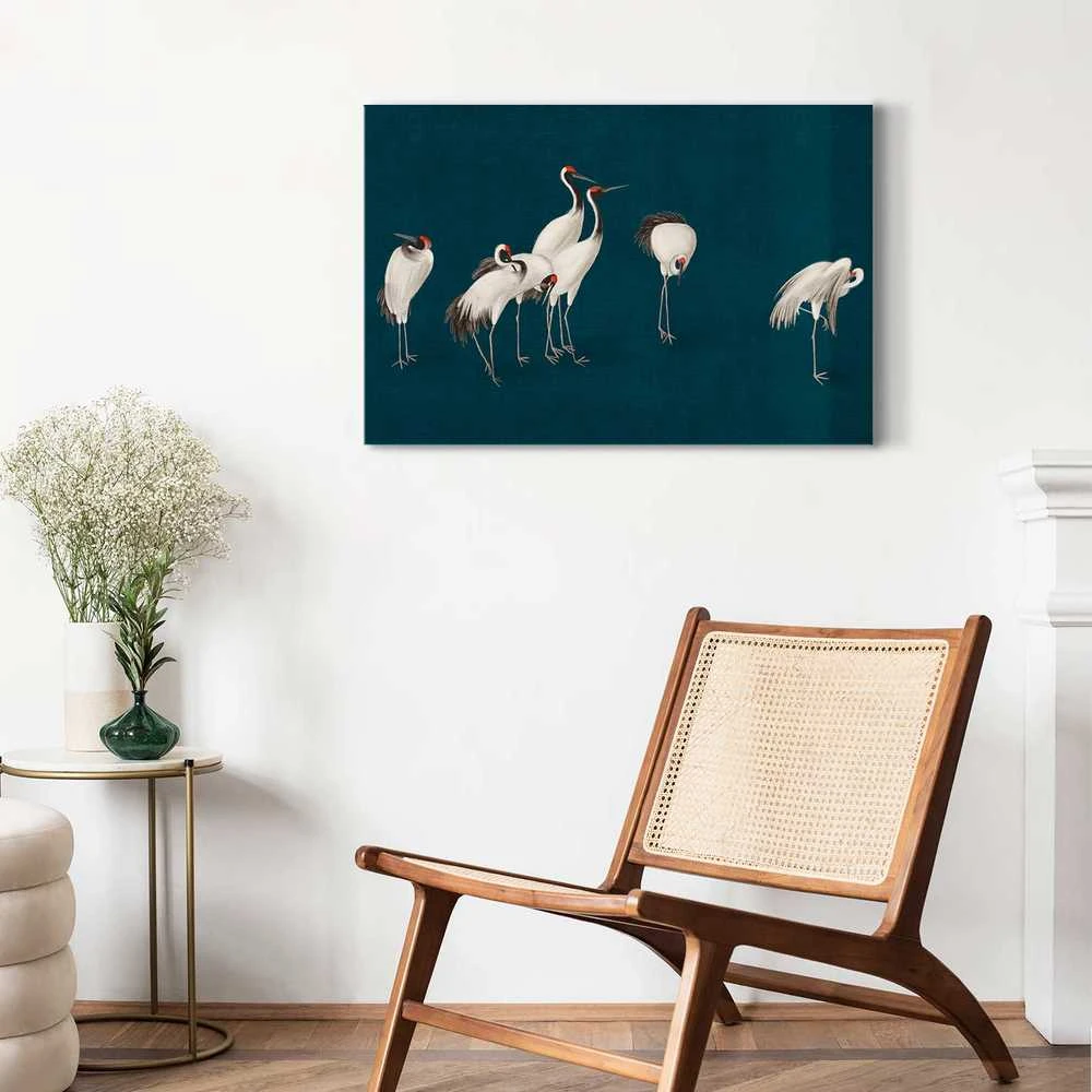 Artgeist Paveikslas - Evening by the pond - a group of cranes drawn in dry pastel on a dark turquoise background