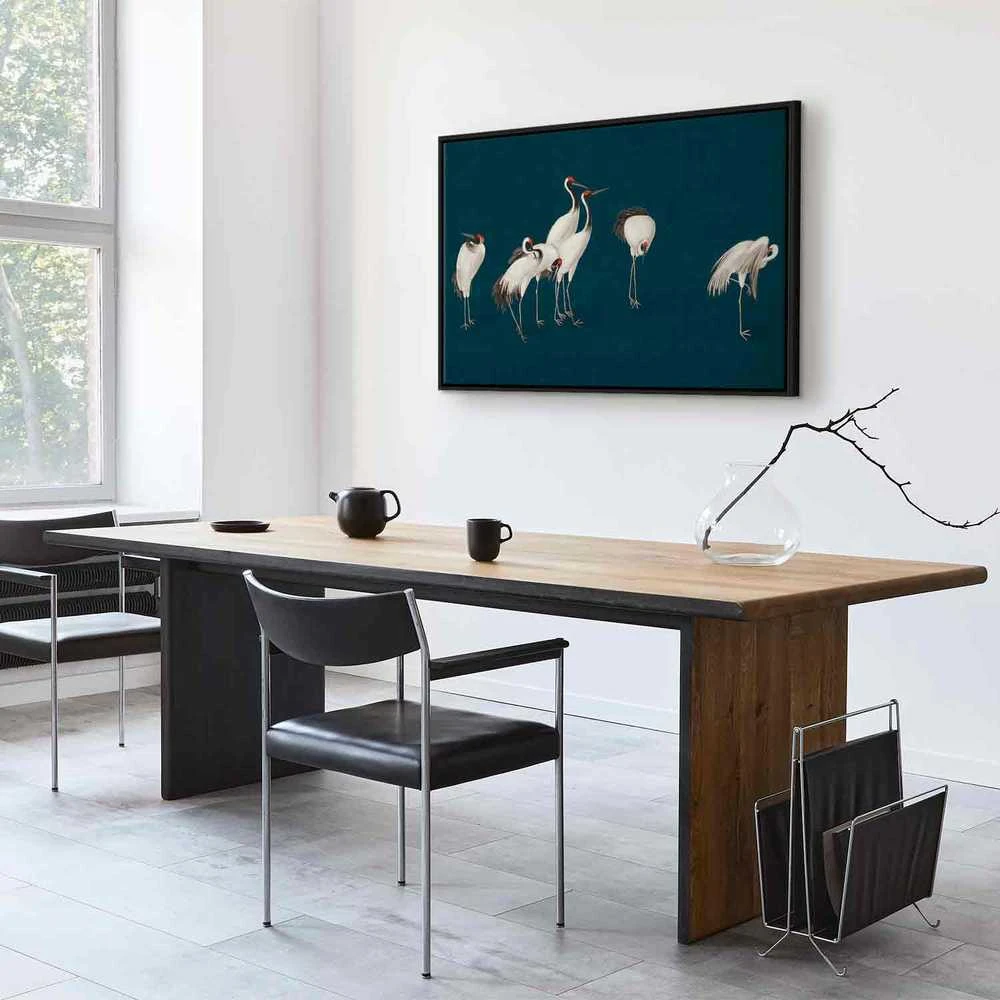 Artgeist Paveikslas - Evening by the pond - a group of cranes drawn in dry pastel on a dark turquoise background