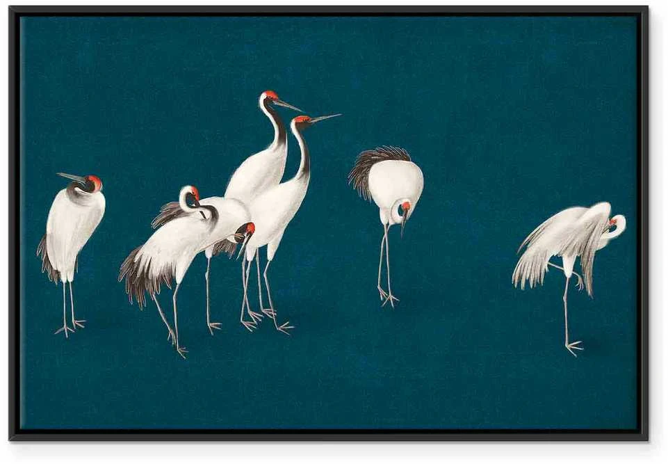 Artgeist Paveikslas - Evening by the pond - a group of cranes drawn in dry pastel on a dark turquoise background
