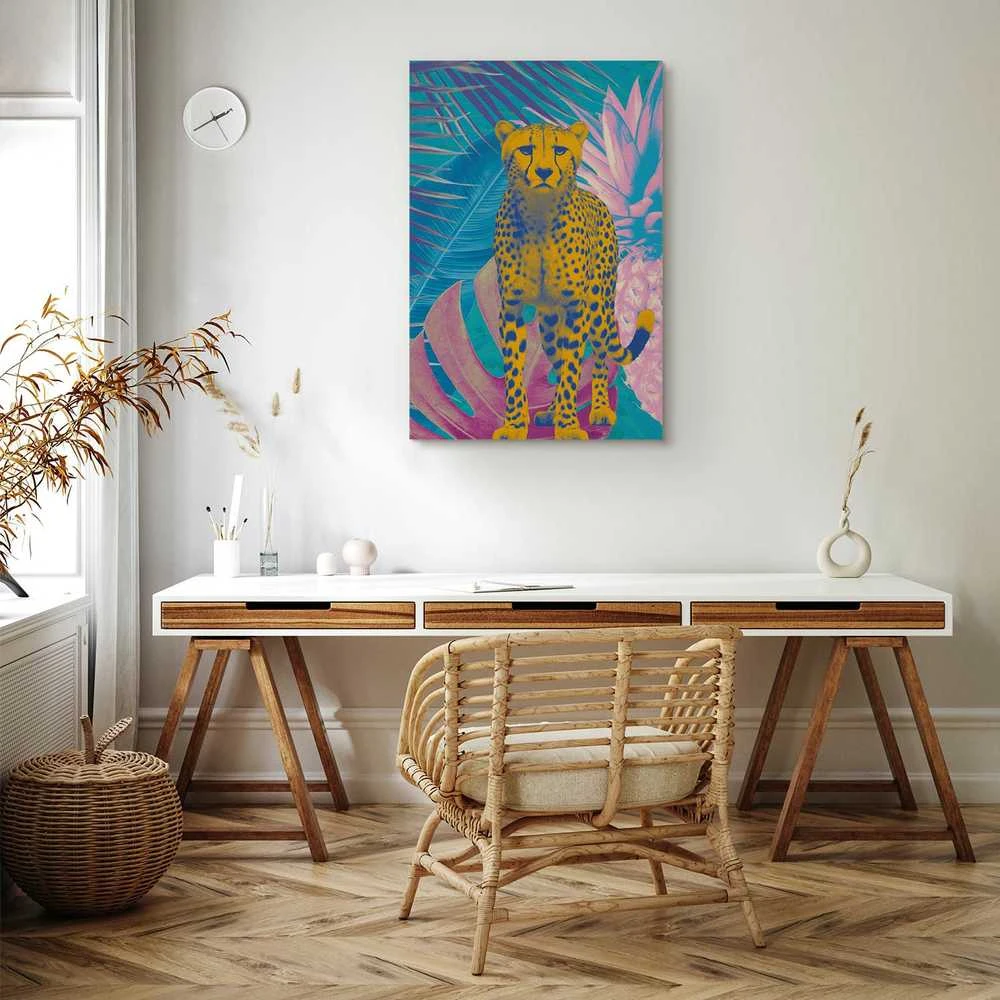 Artgeist Paveikslas - Exotic Leopard - Colorful Portrait of a Cheetah Against Tropical Leaves