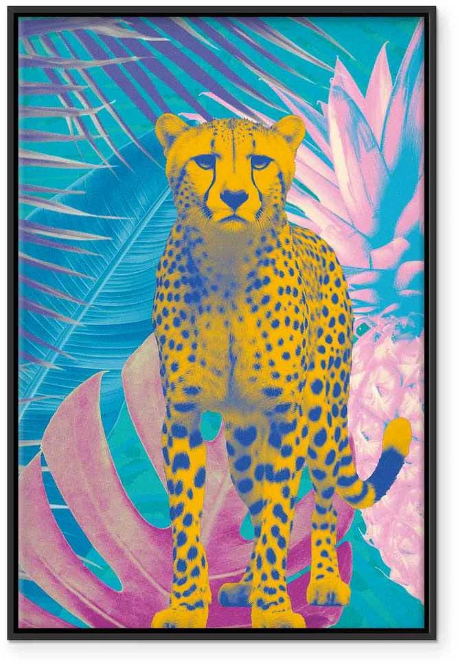 Artgeist Paveikslas - Exotic Leopard - Colorful Portrait of a Cheetah Against Tropical Leaves