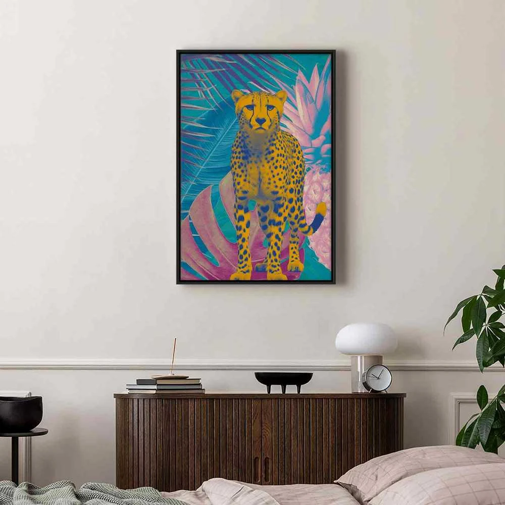 Artgeist Paveikslas - Exotic Leopard - Colorful Portrait of a Cheetah Against Tropical Leaves