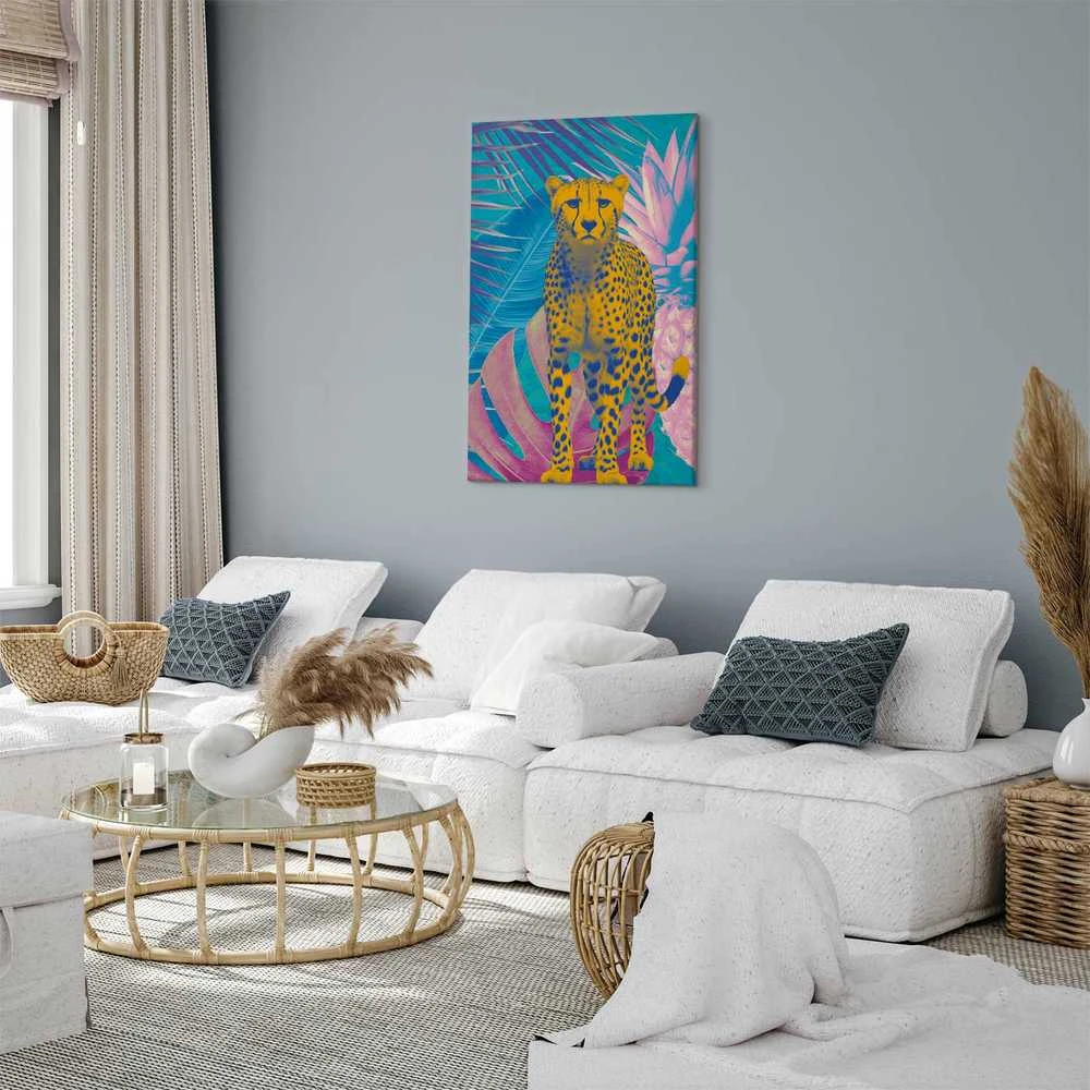 Artgeist Paveikslas - Exotic Leopard - Colorful Portrait of a Cheetah Against Tropical Leaves
