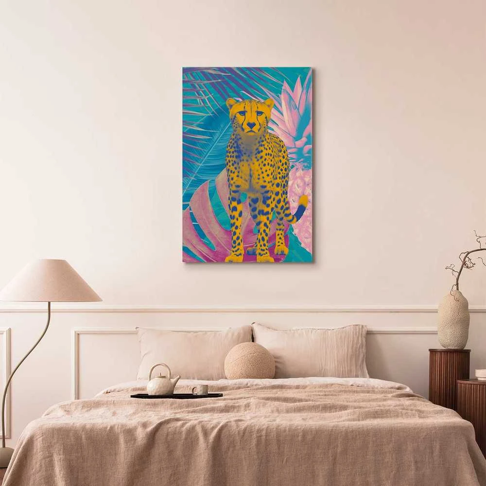 Artgeist Paveikslas - Exotic Leopard - Colorful Portrait of a Cheetah Against Tropical Leaves