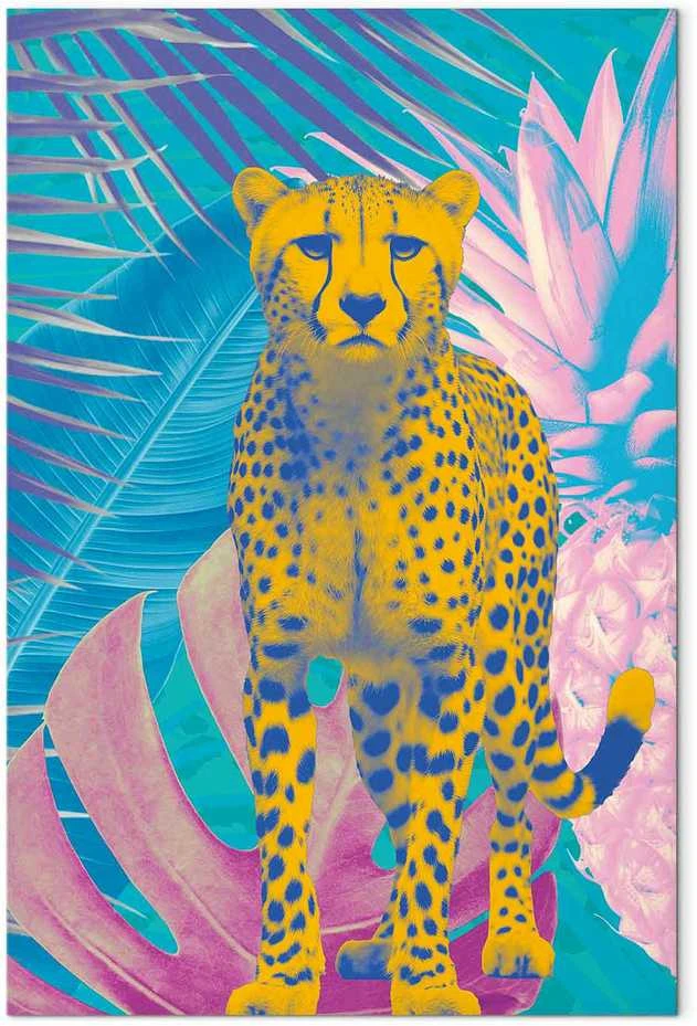 Artgeist Paveikslas - Exotic Leopard - Colorful Portrait of a Cheetah Against Tropical Leaves