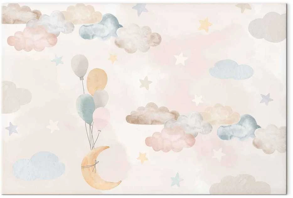 Artgeist Paveikslas - Fairy-Tale Moon - Pastel Moon with Balloons Among Colorful Clouds and Stars in Subdued Colors on a Light Background