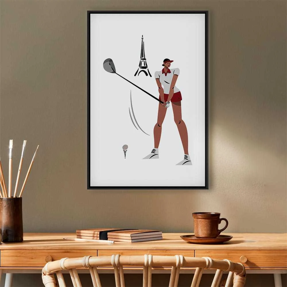 Artgeist Paveikslas - Female Golfer With the Eiffel Tower in the Background - Illustration