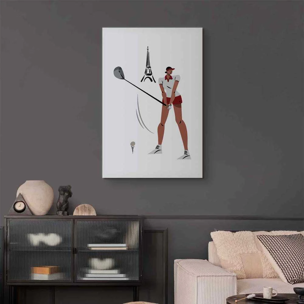 Artgeist Paveikslas - Female Golfer With the Eiffel Tower in the Background - Illustration