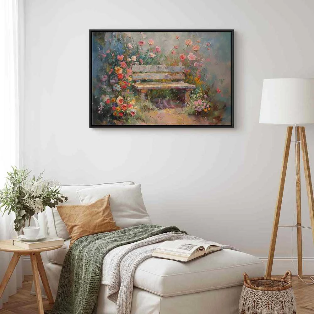Artgeist Paveikslas - Flowery bench - impressionist painting full of flowers