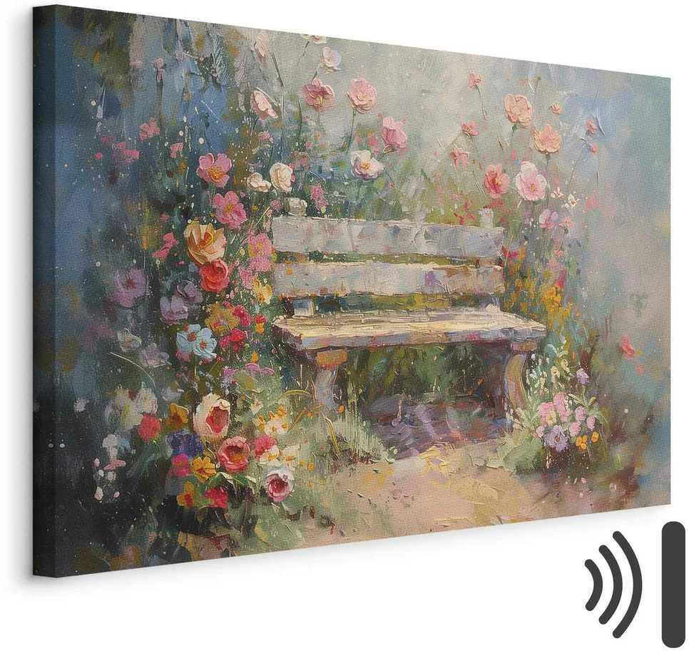 Artgeist Paveikslas - Flowery bench - impressionist painting full of flowers