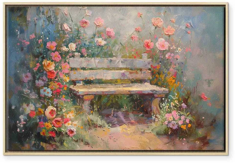 Artgeist Paveikslas - Flowery bench - impressionist painting full of flowers