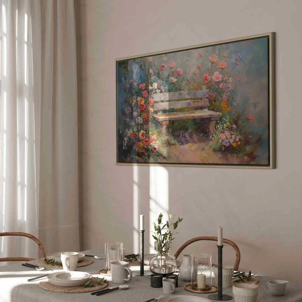 Artgeist Paveikslas - Flowery bench - impressionist painting full of flowers